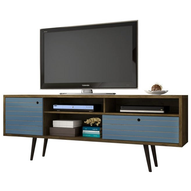Manhattan Comfort Liberty 70.86" Mid Century - Modern TV Stand with 4 Shelving Spaces and 1 Drawer in Rustic Brown and Aqua Blue with Solid Wood Legs-Minimal & Modern