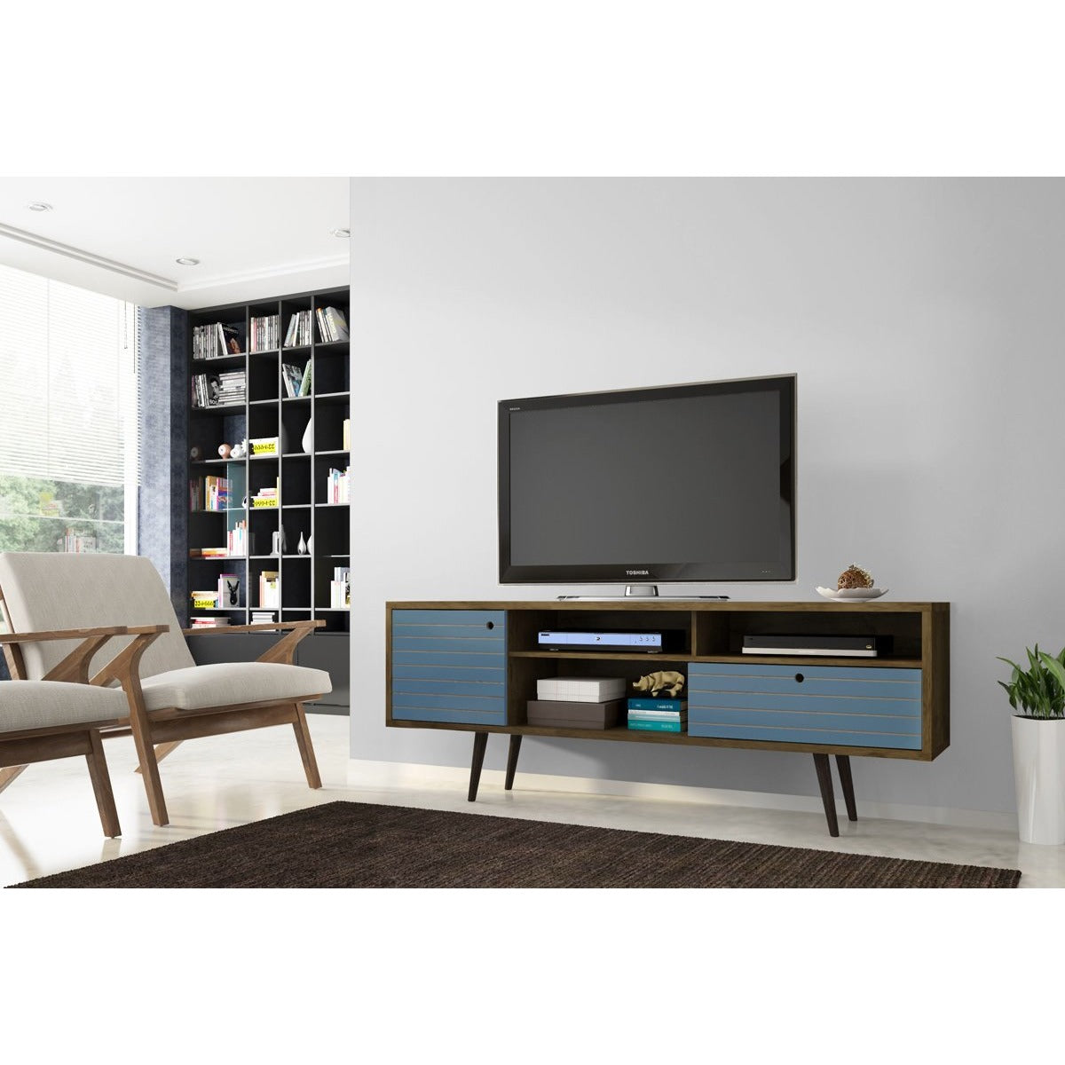 Manhattan Comfort Liberty 70.86" Mid Century - Modern TV Stand with 4 Shelving Spaces and 1 Drawer in Rustic Brown and Aqua Blue with Solid Wood Legs-Minimal & Modern