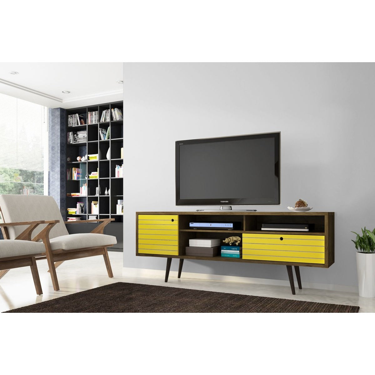 Manhattan Comfort Liberty 70.86" Mid Century - Modern TV Stand with 4 Shelving Spaces and 1 Drawer in Rustic Brown and Yellow with Solid Wood Legs-Minimal & Modern
