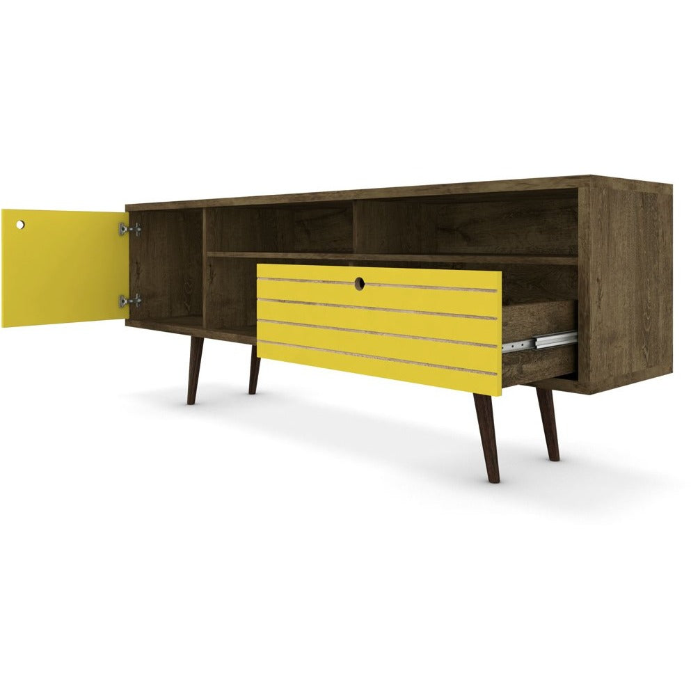Manhattan Comfort Liberty 70.86" Mid Century - Modern TV Stand with 4 Shelving Spaces and 1 Drawer in Rustic Brown and Yellow with Solid Wood Legs-Minimal & Modern