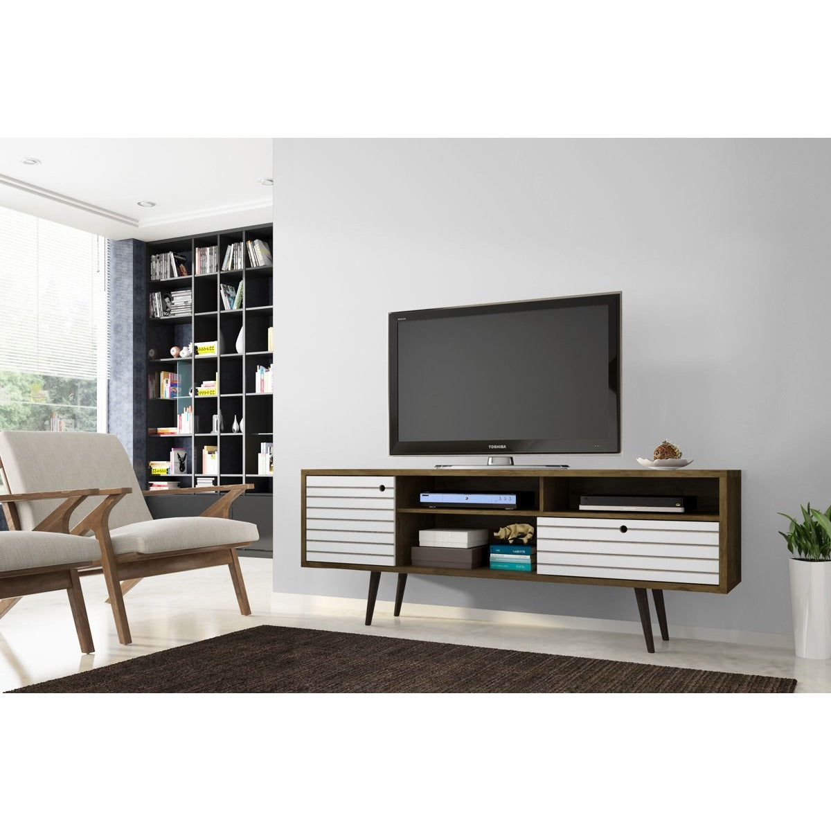 Manhattan Comfort Liberty 70.86" Mid Century - Modern TV Stand with 4 Shelving Spaces and 1 Drawer in Rustic Brown and White with Solid Wood Legs-Minimal & Modern