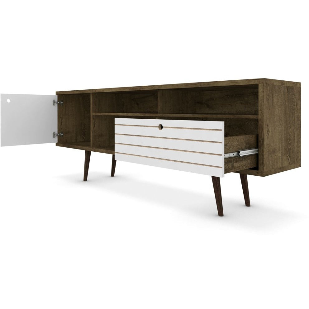 Manhattan Comfort Liberty 70.86" Mid Century - Modern TV Stand with 4 Shelving Spaces and 1 Drawer in Rustic Brown and White with Solid Wood Legs-Minimal & Modern