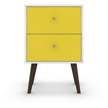 Manhattan Comfort Liberty Mid Century - Modern Nightstand 2.0 with 2 Full Extension Drawers in White and Yellow with Solid Wood Legs
