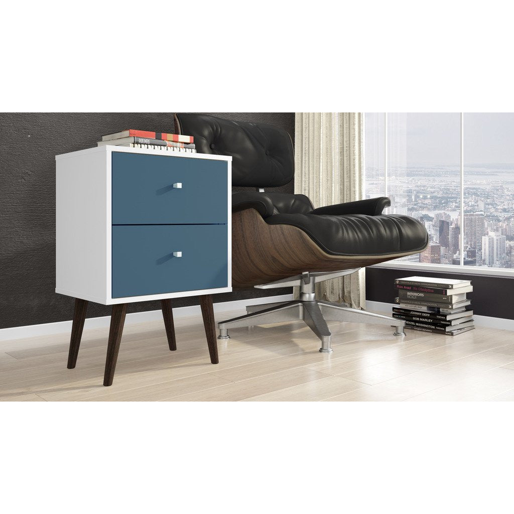 Manhattan Comfort Liberty Mid Century - Modern Nightstand 2.0 with 2 Full Extension Drawers in White and Aqua Blue  with Solid Wood Legs