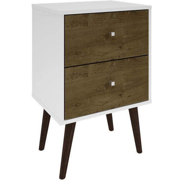 Manhattan Comfort Liberty Mid Century - Modern Nightstand 2.0 with 2 Full Extension Drawers in White and Rustic Brown with Solid Wood LegsManhattan Comfort-Nightstand- - 1