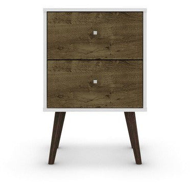 Manhattan Comfort Liberty Mid Century - Modern Nightstand 2.0 with 2 Full Extension Drawers in White and Rustic Brown with Solid Wood Legs