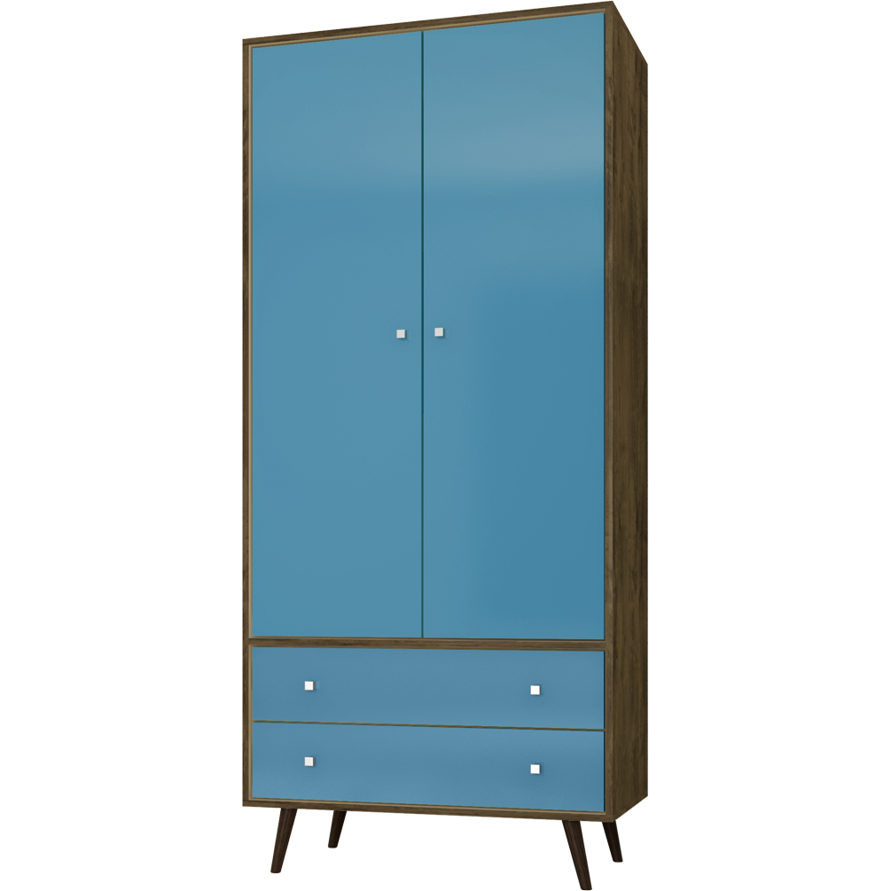 Manhattan Comfort Liberty 31.89" Mid Century - Modern Armoire with 2 Drawers, 1 Shelf, and Hanging Rod in Rustic Brown and Aqua Blue-Minimal & Modern