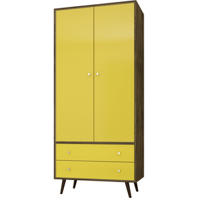 Manhattan Comfort Liberty 31.89" Mid Century - Modern Armoire with 2 Drawers, 1 Shelf, and Hanging Rod in Rustic Brown and Yellow-Minimal & Modern