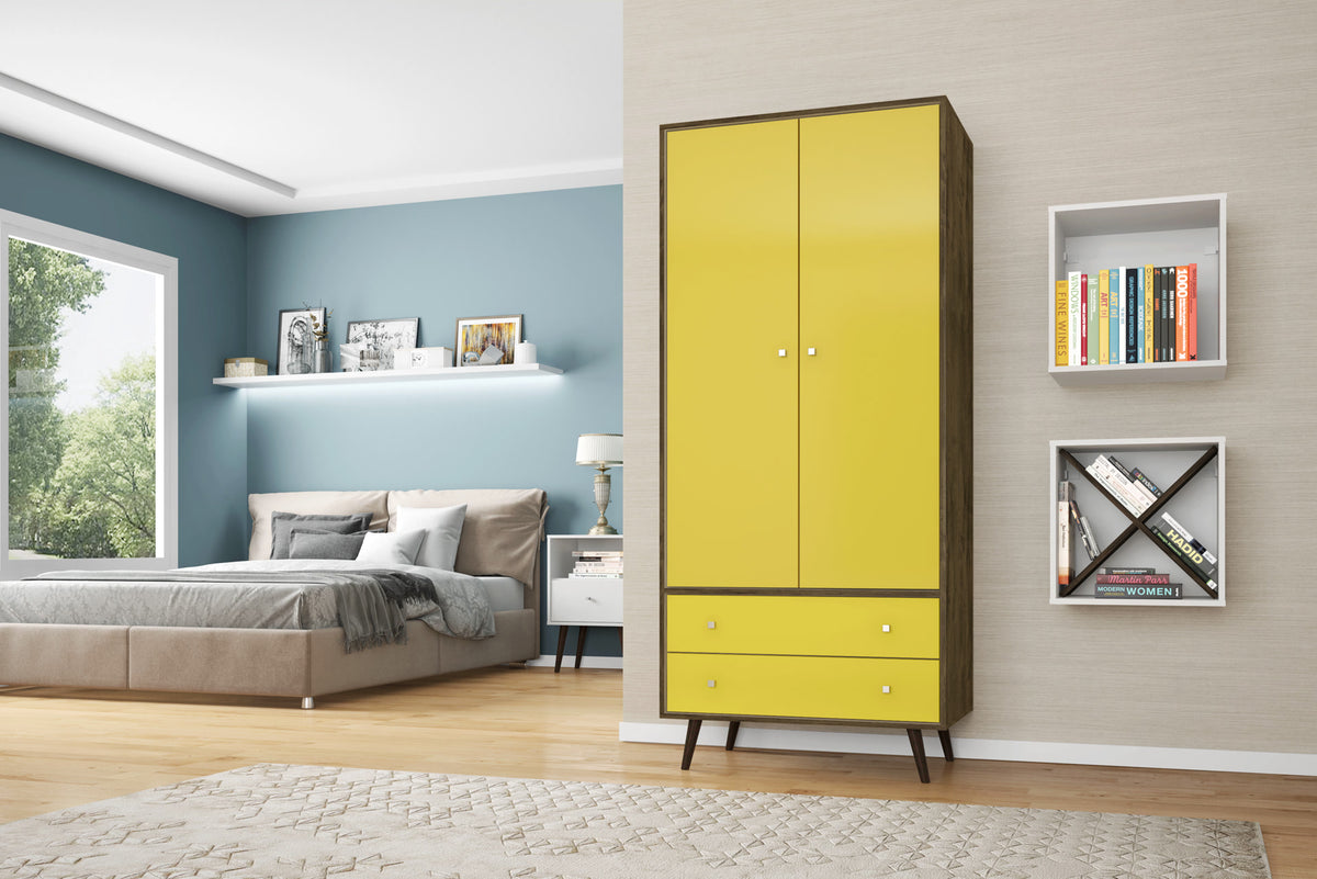 Manhattan Comfort Liberty 31.89" Mid Century - Modern Armoire with 2 Drawers, 1 Shelf, and Hanging Rod in Rustic Brown and Yellow-Minimal & Modern