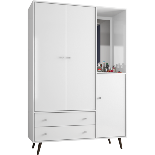 Manhattan Comfort Liberty 47.83" Mid Century- Modern Armoire with Mirror, 4 Shelves, 2 Drawers and Hanging Rod in  White Manhattan Comfort-Bedroom- - 1