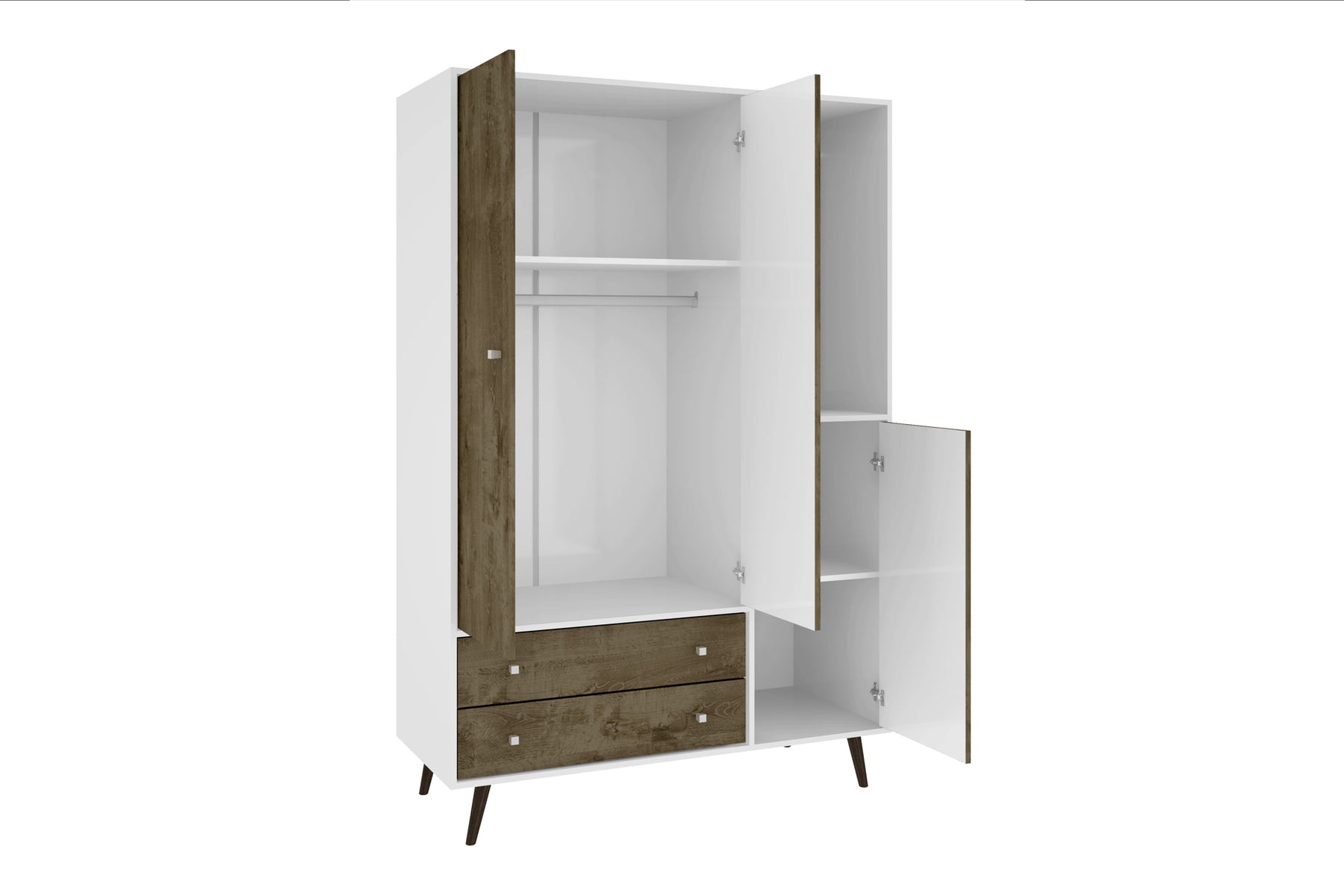 Manhattan Comfort Liberty 47.83" Mid Century - Modern Armoire with Mirror, 4 Shelves, 2 Draweres and Hanging Rod in White and Rustic Brown-Minimal & Modern