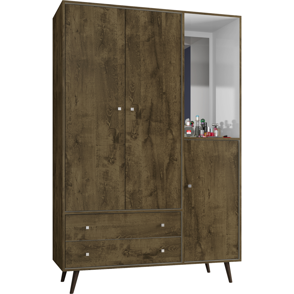 Manhattan Comfort Liberty 47.83" Mid Century - Modern Armoire with Mirror, 4 Shelves, 2 Draweres and Hanging Rod in Rustic Brown-Minimal & Modern