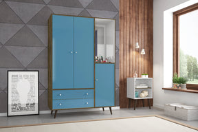 Manhattan Comfort Liberty 47.83" Mid Century - Modern Armoire with Mirror, 4 Shelves, 2 Draweres and Hanging Rod in Rustic Brown and Aqua Blue-Minimal & Modern