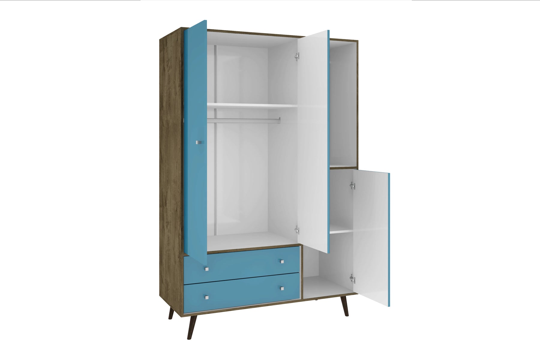 Manhattan Comfort Liberty 47.83" Mid Century - Modern Armoire with Mirror, 4 Shelves, 2 Draweres and Hanging Rod in Rustic Brown and Aqua Blue-Minimal & Modern
