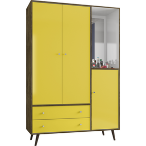 Manhattan Comfort Liberty 47.83" Mid Century - Modern Armoire with Mirror, 4 Shelves, 2 Draweres and Hanging Rod in Rustic Brown and Yellow-Minimal & Modern
