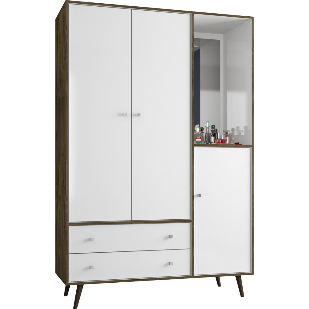 Manhattan Comfort Liberty 47.83" Mid Century - Modern Armoire with Mirror, 4 Shelves, 2 Draweres and Hanging Rod in Rustic Brown and White-Minimal & Modern