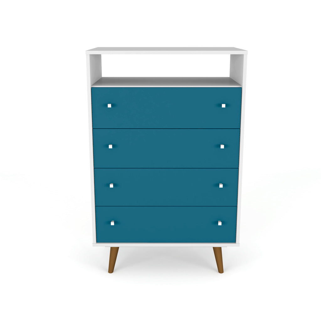 Manhattan Comfort  Liberty 4-Drawer Dresser Chest in White and Aqua Blue Manhattan Comfort-Dresser- - 1