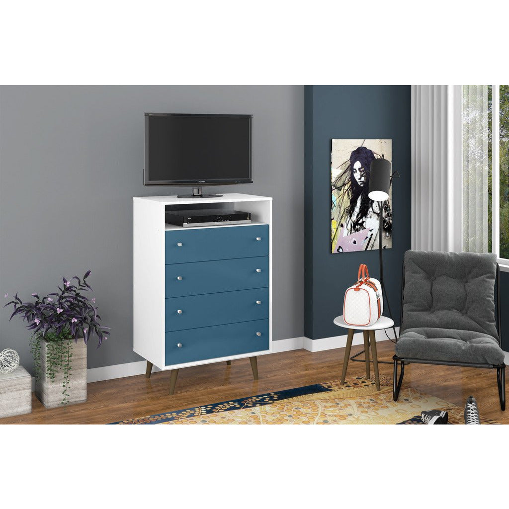 Manhattan Comfort  Liberty 4-Drawer Dresser Chest in White and Aqua Blue