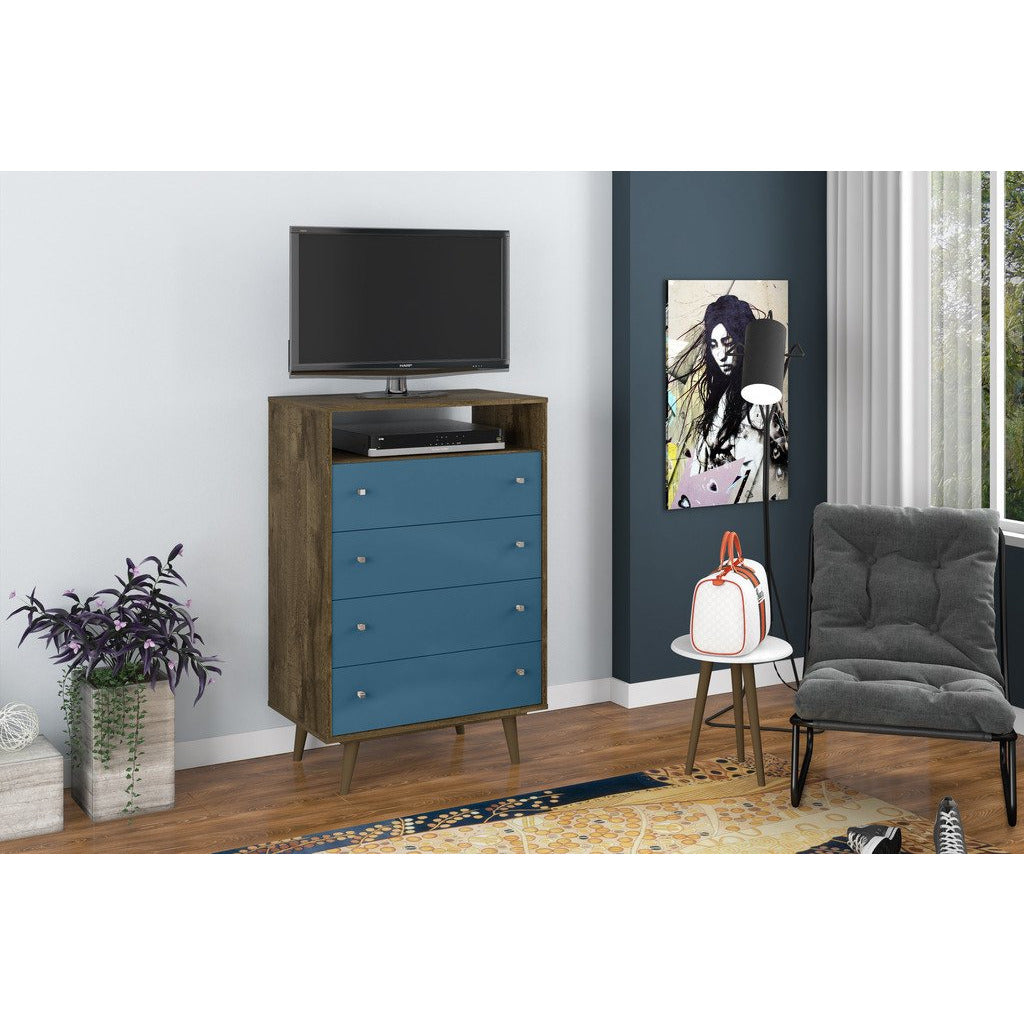 Manhattan Comfort  Liberty 4-Drawer Dresser Chest in Rustic Brown and Aqua Blue