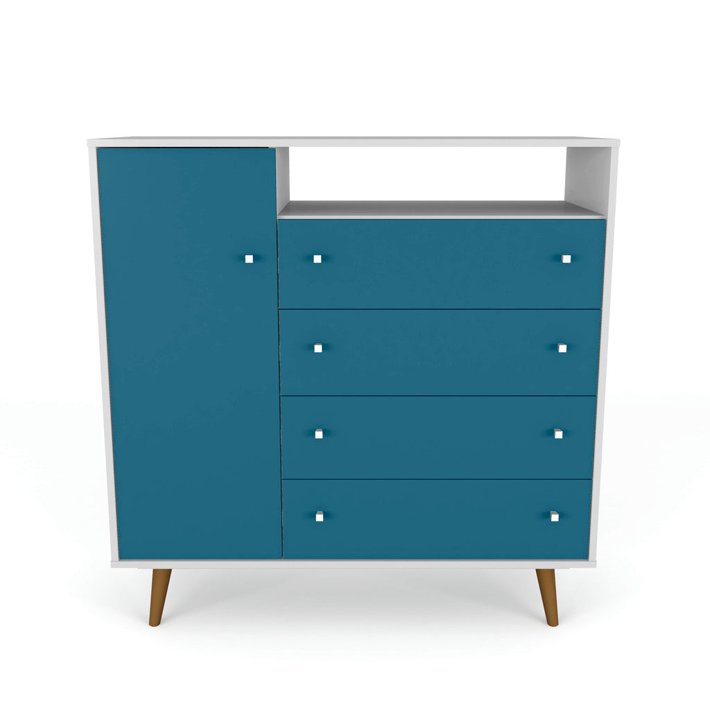 Manhattan Comfort  Liberty 4-Drawer 42.32" Sideboard in White and Aqua Blue Manhattan Comfort-Dresser- - 1