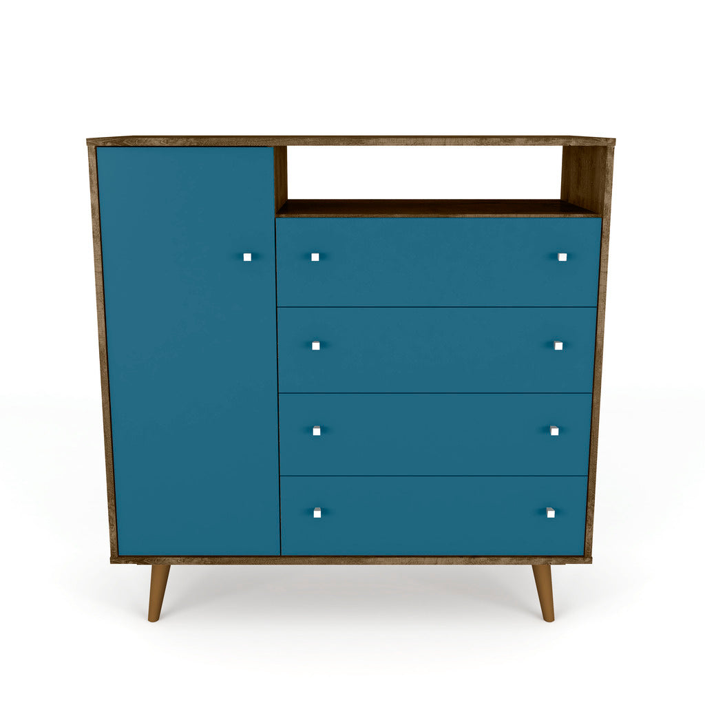 Manhattan Comfort  Liberty 4-Drawer 42.32" Sideboard in Rustic Brown and Aqua Blue Manhattan Comfort-Dresser- - 1