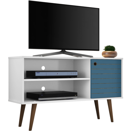 Manhattan Comfort  Liberty 42.52" Mid Century - Modern TV Stand  with 2 Shelves and 1 Door  in White and Aqua Blue