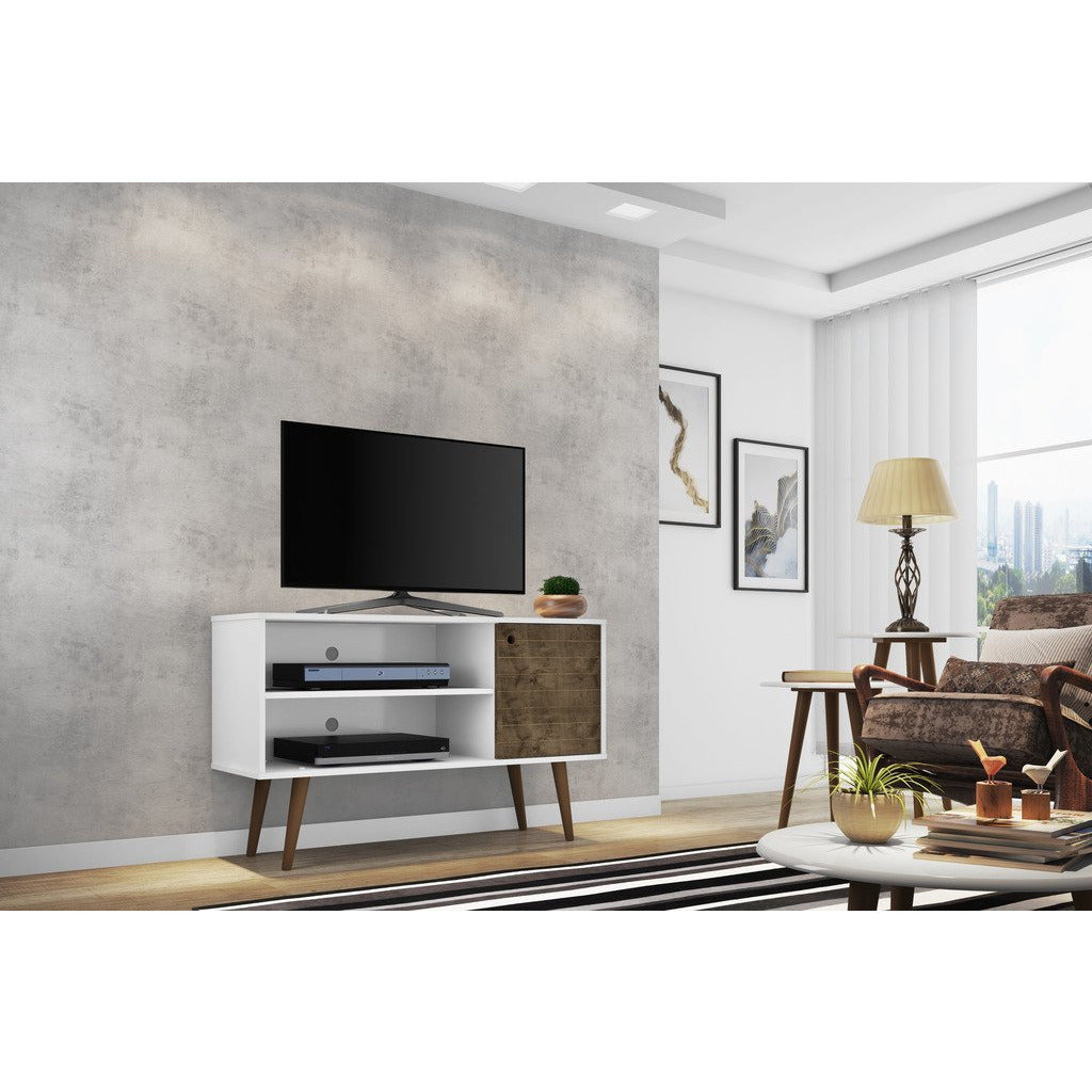 Manhattan Comfort  Liberty 42.52" Mid Century - Modern TV Stand  with 2 Shelves and 1 Door  in White and Rustic Brown