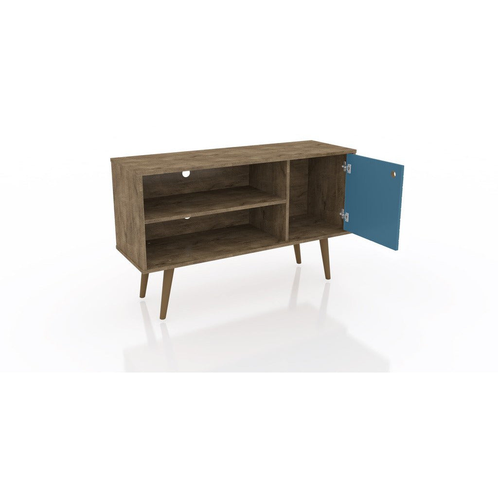 Manhattan Comfort  Liberty 42.52" Mid Century - Modern TV Stand  with 2 Shelves and 1 Door  in Rustic Brown and Aqua Blue
