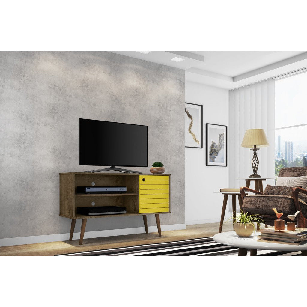 Manhattan Comfort  Liberty 42.52" Mid Century - Modern TV Stand  with 2 Shelves and 1 Door  in Rustic Brown and Yellow
