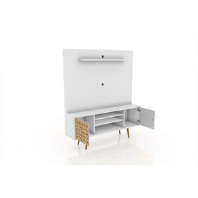 Manhattan Comfort  Liberty 63" Freestanding Entertainment Center with Overhead shelf  in White and 3D Brown Prints