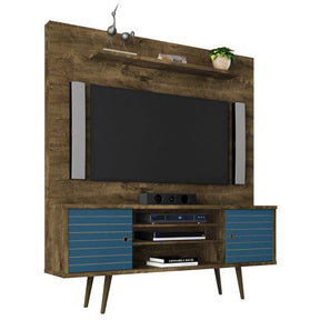 Manhattan Comfort  Liberty 63" Freestanding Entertainment Center with Overhead shelf  in Rustic Brown and Aqua Blue