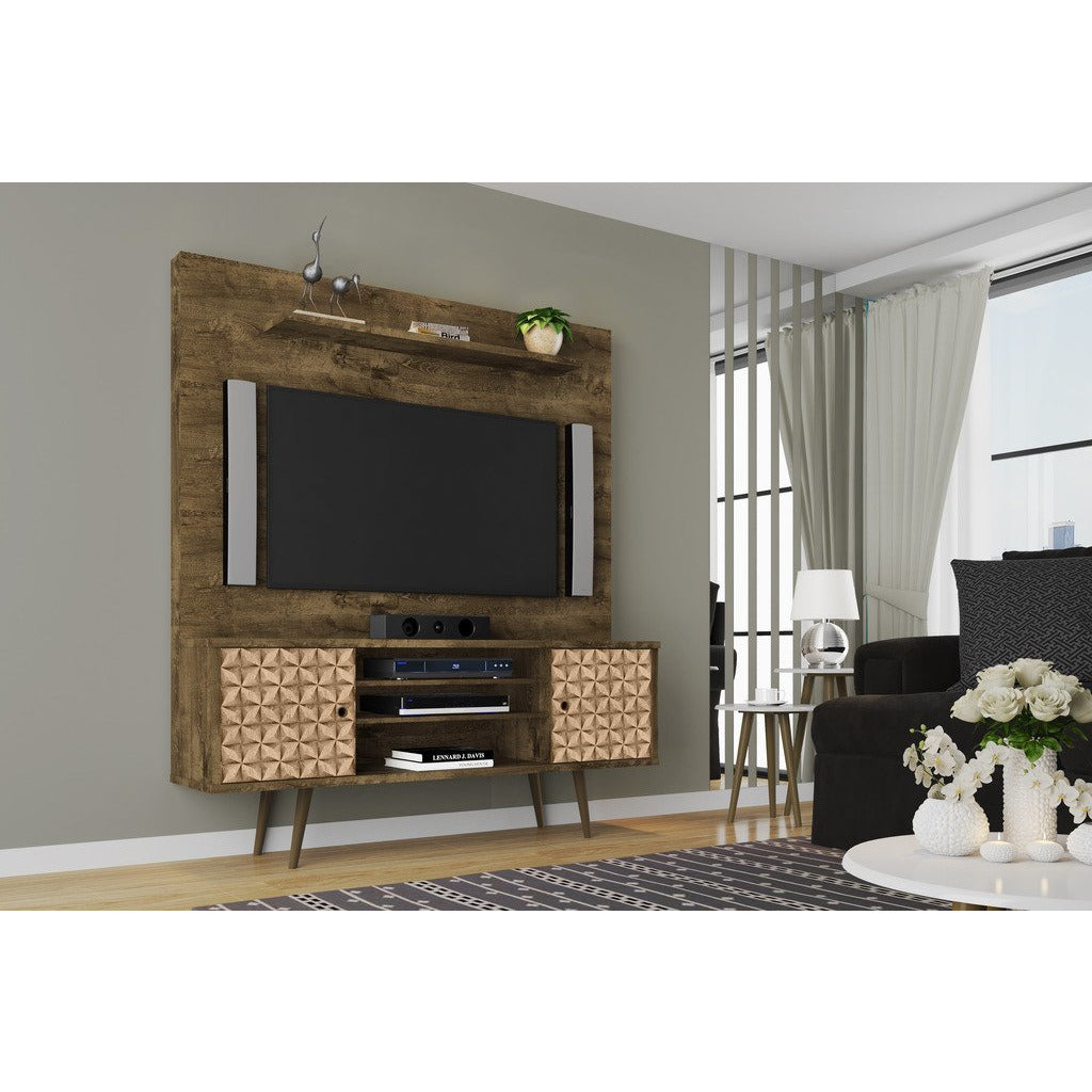 Manhattan Comfort  Liberty 63" Freestanding Entertainment Center with Overhead shelf  in Rustic Brown  and 3D Brown Prints