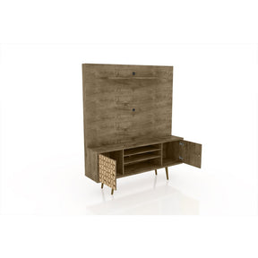 Manhattan Comfort  Liberty 63" Freestanding Entertainment Center with Overhead shelf  in Rustic Brown  and 3D Brown Prints