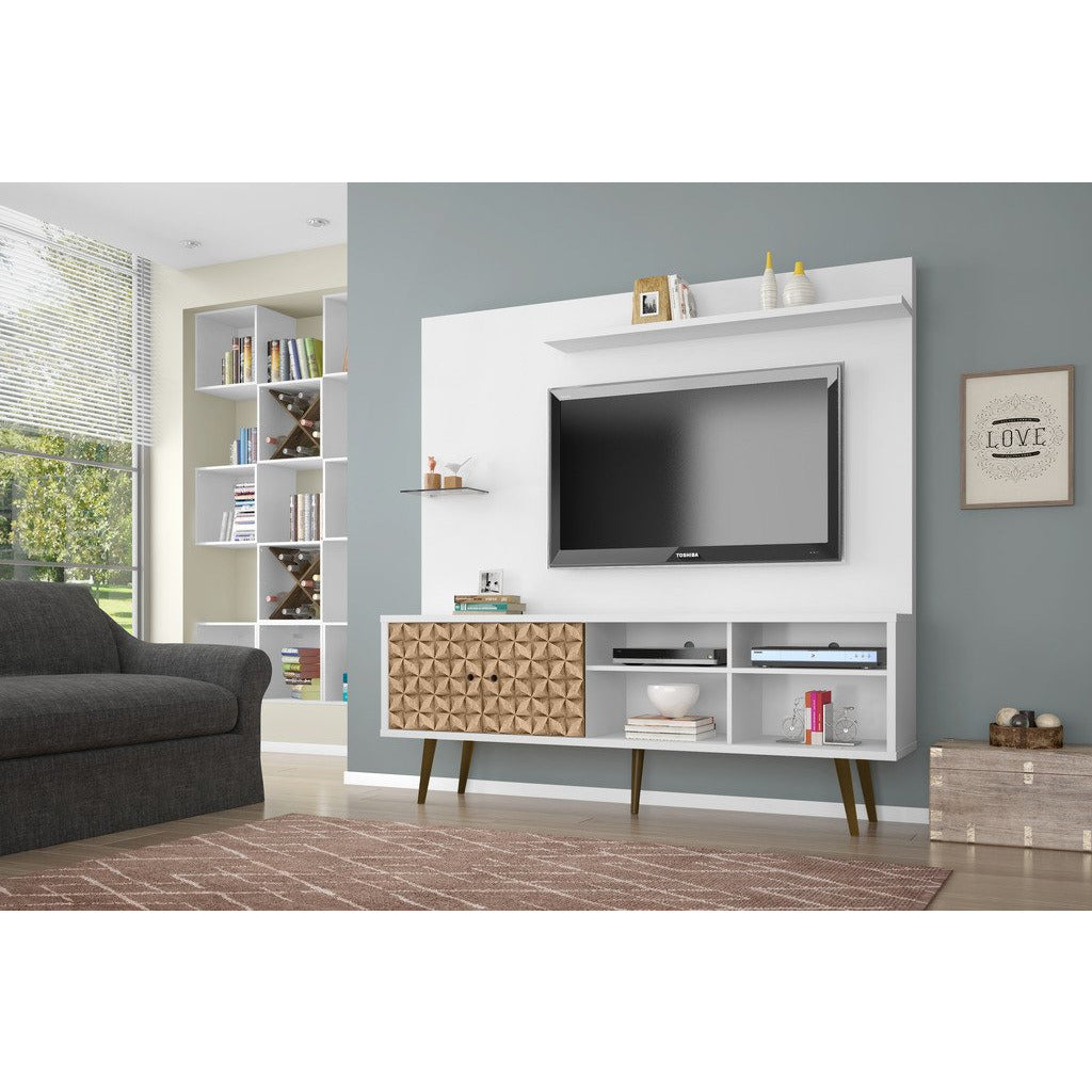 Manhattan Comfort  Liberty 70.87" Freestanding Entertainment Center with Overhead shelf  in White and 3D Brown Prints