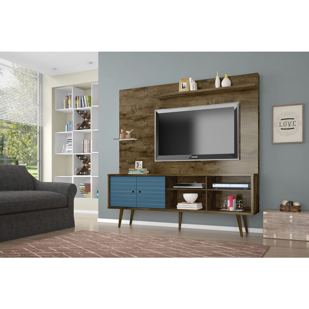 Manhattan Comfort  Liberty 70.87" Freestanding Entertainment Center with Overhead shelf  in Rustic Brown and Aqua Blue