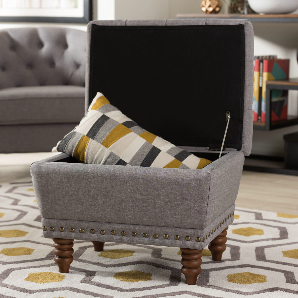 Baxton Studio Annabelle Modern and Contemporary Light Grey Fabric Upholstered Walnut Wood Finished Button-Tufted Storage Ottoman Baxton Studio-ottomans-Minimal And Modern - 8