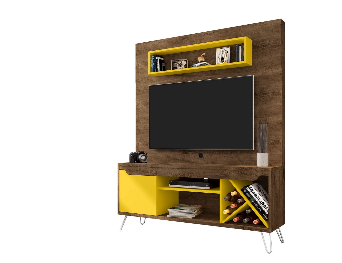 Manhattan Comfort Baxter 53.54 Mid-Century Modern Freestanding Entertainment Center with Media Shelves and Wine Rack in Rustic Brown and Yellow