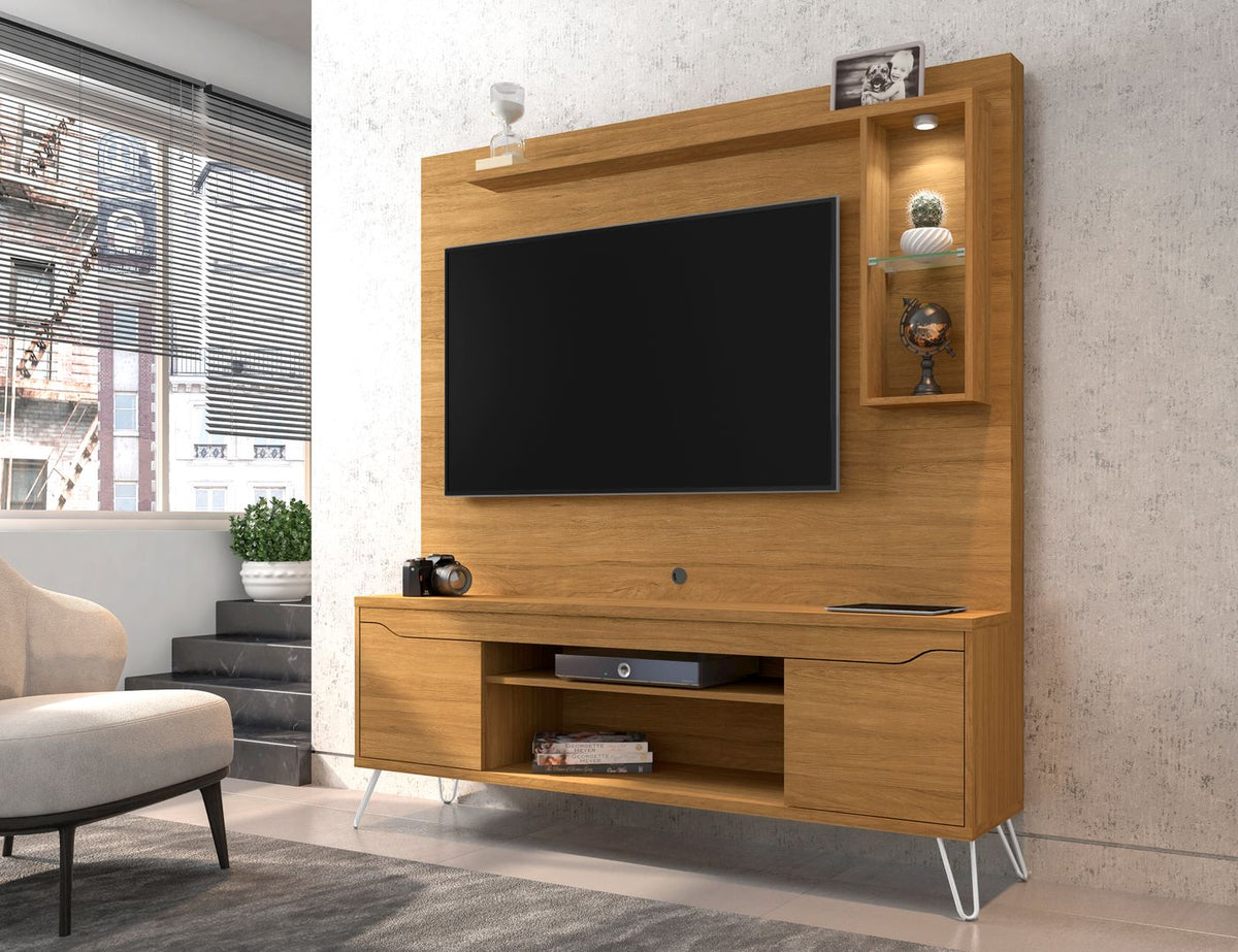 Manhattan Comfort Baxter 62.99 Freestanding Mid-Century Modern Entertainment Center with LED Lights and Décor Shelves in Cinnamon