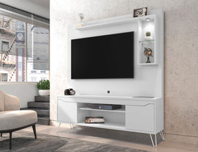 Manhattan Comfort Baxter 62.99 Freestanding Mid-Century Modern Entertainment Center with LED Lights and Décor Shelves in White
