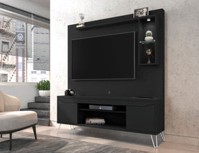 Manhattan Comfort Baxter 62.99 Freestanding Mid-Century Modern Entertainment Center with LED Lights and Décor Shelves in Black