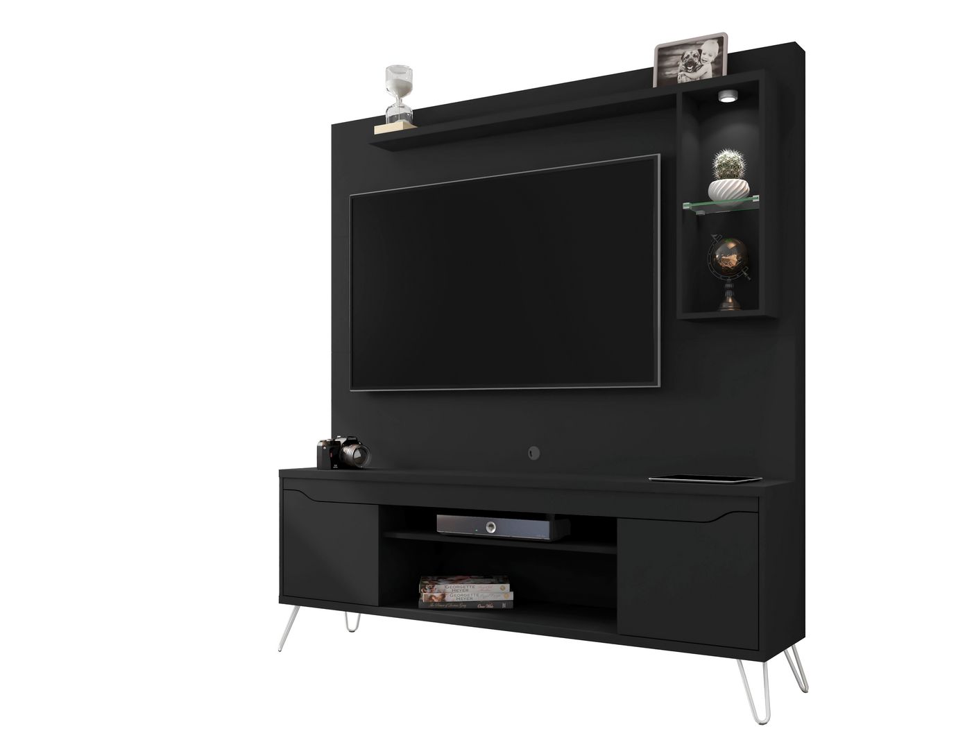Manhattan Comfort Baxter 62.99 Freestanding Mid-Century Modern Entertainment Center with LED Lights and Décor Shelves in Black