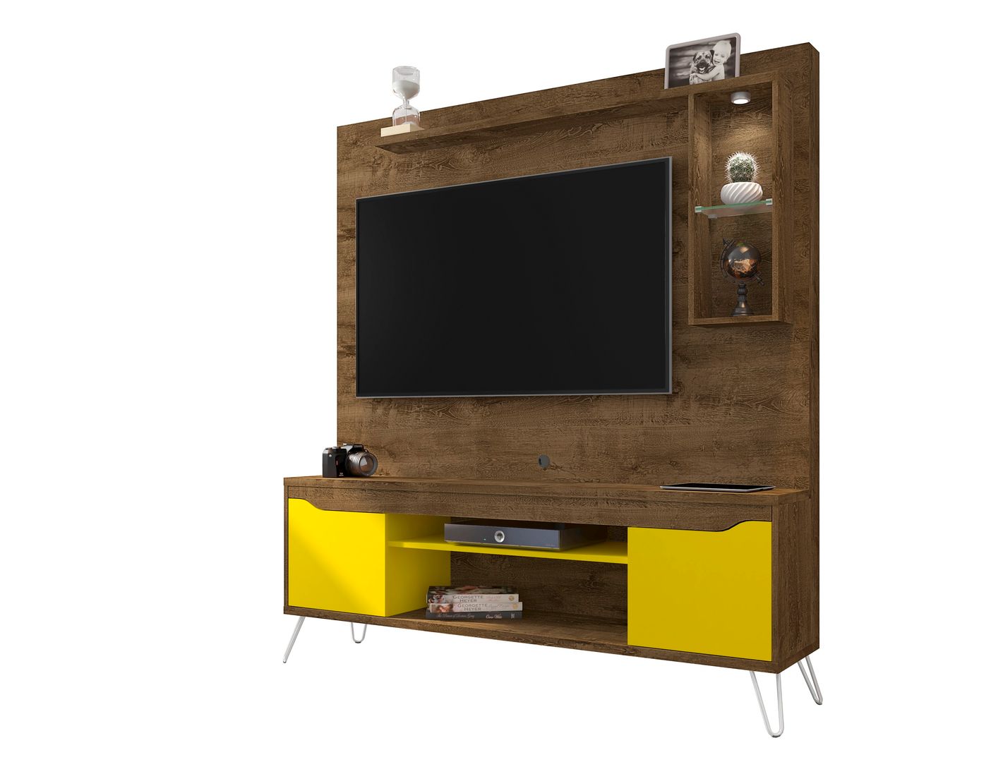 Manhattan Comfort Baxter 62.99 Freestanding Mid-Century Modern Entertainment Center with LED Lights and Décor Shelves in Rustic Brown and Yellow