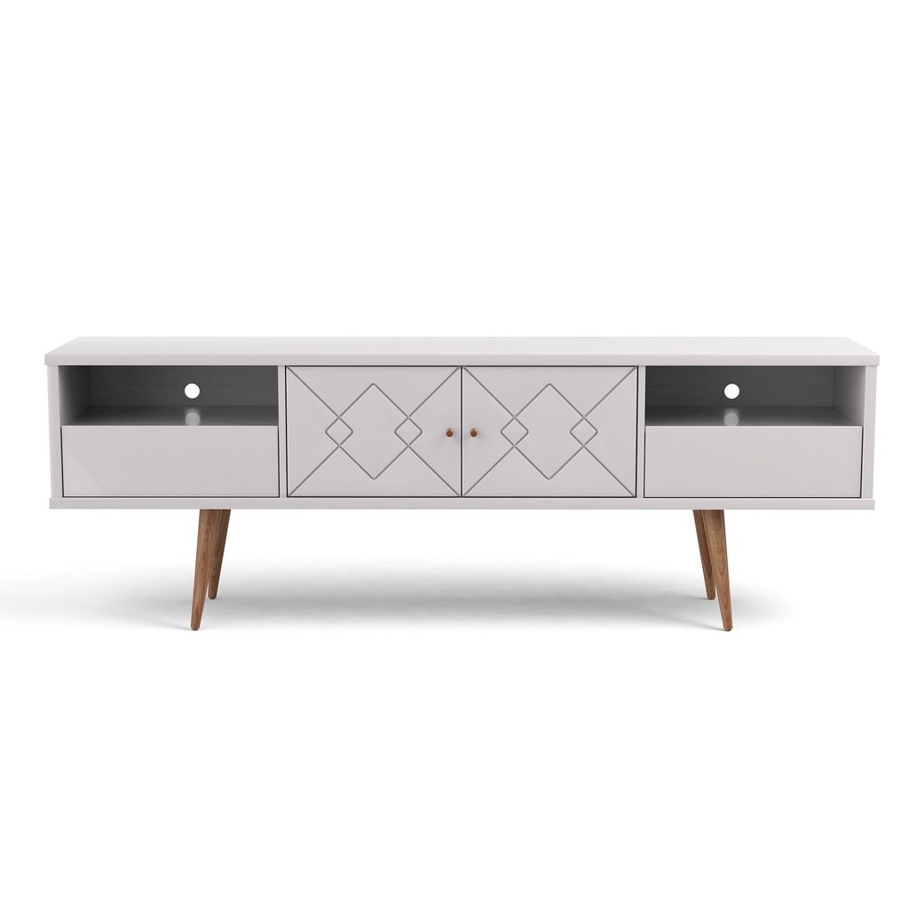 Manhattan Comfort Trinity 70.86" Mid- Century Modern TV Stand with Solid Wood Legs in White GlossManhattan Comfort-Theater Entertainment Centers- - 1