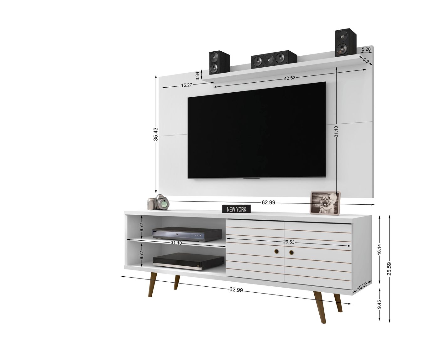 Manhattan Comfort Liberty 62.99 Mid-Century Modern TV Stand and Panel with Solid Wood Legs in White