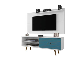 Manhattan Comfort Liberty 62.99 Mid-Century Modern TV Stand and Panel with Solid Wood Legs in White and Aqua Blue Manhattan Comfort-Entertainment Center- - 1