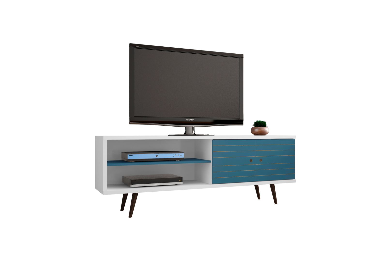 Manhattan Comfort Liberty 62.99 Mid-Century Modern TV Stand and Panel with Solid Wood Legs in White and Aqua Blue