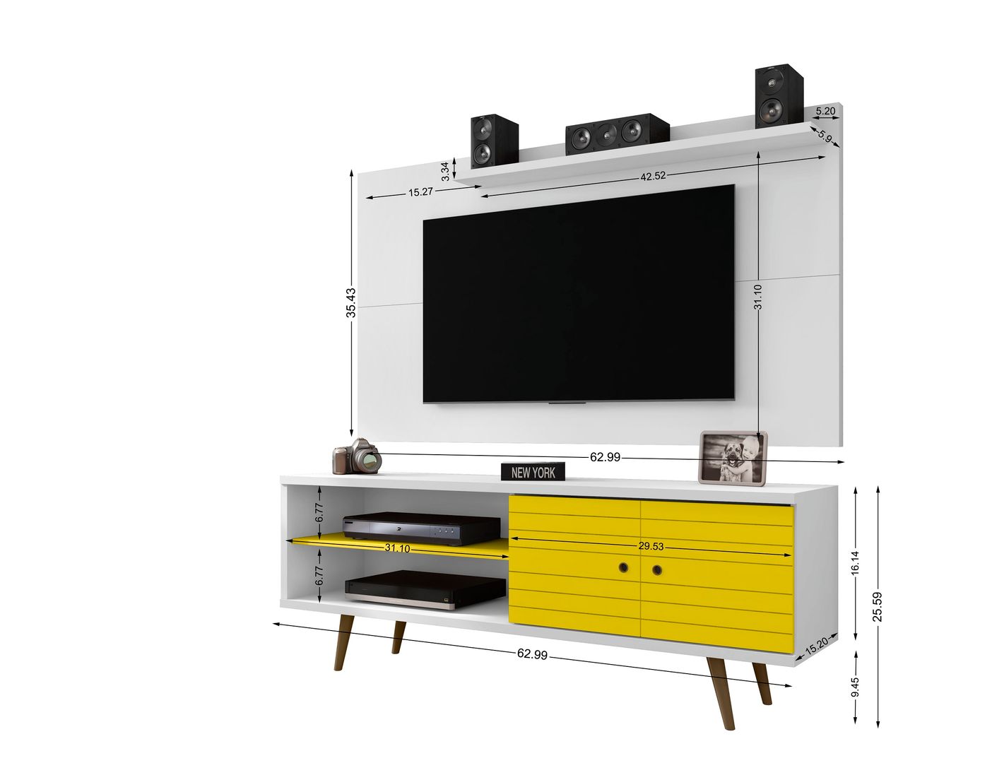 Manhattan Comfort Liberty 62.99 Mid-Century Modern TV Stand and Panel with Solid Wood Legs in White and Yellow
