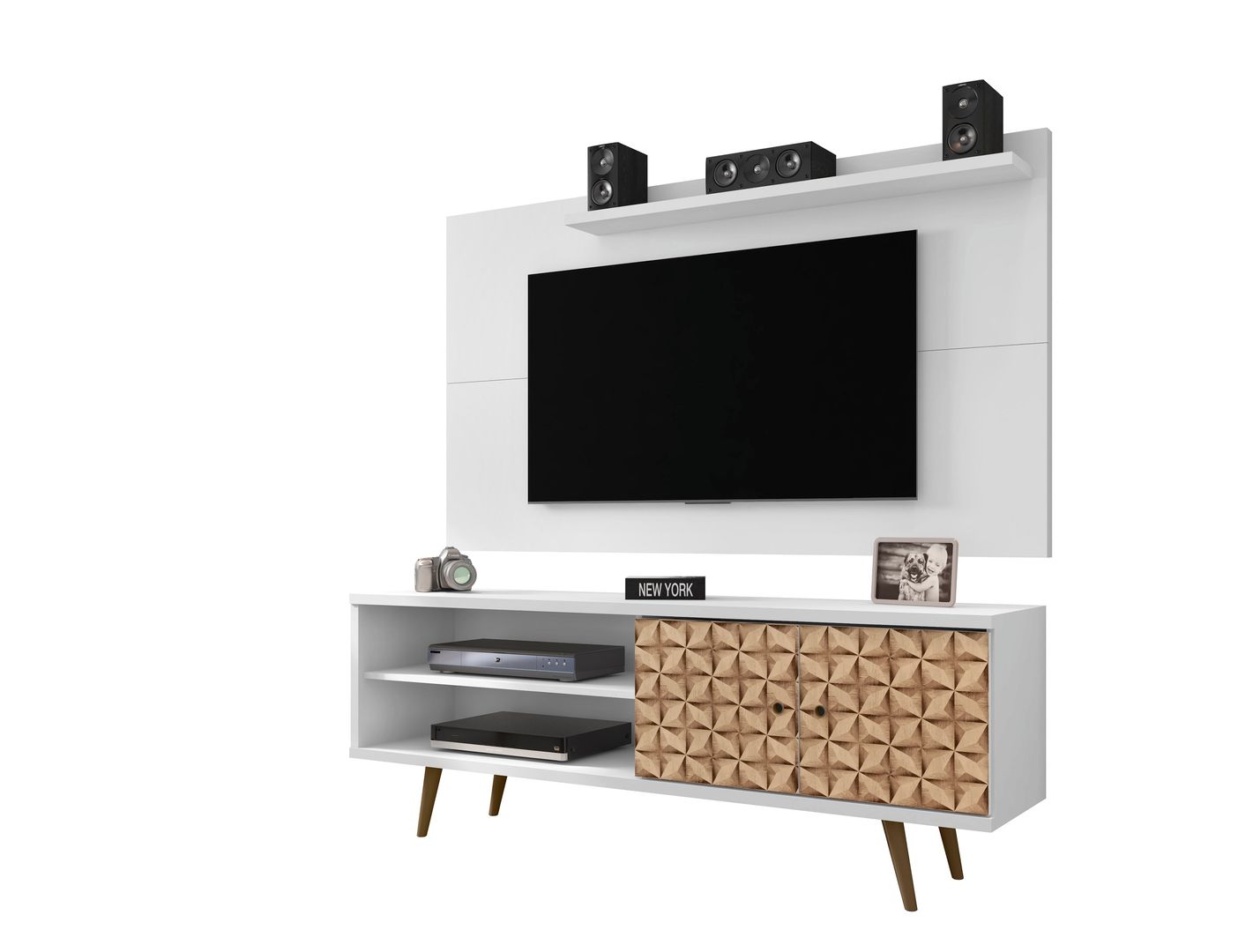 Manhattan Comfort Liberty 62.99 Mid-Century Modern TV Stand and Panel with Solid Wood Legs in White and 3D Brown PrintsManhattan Comfort-Entertainment Center- - 1