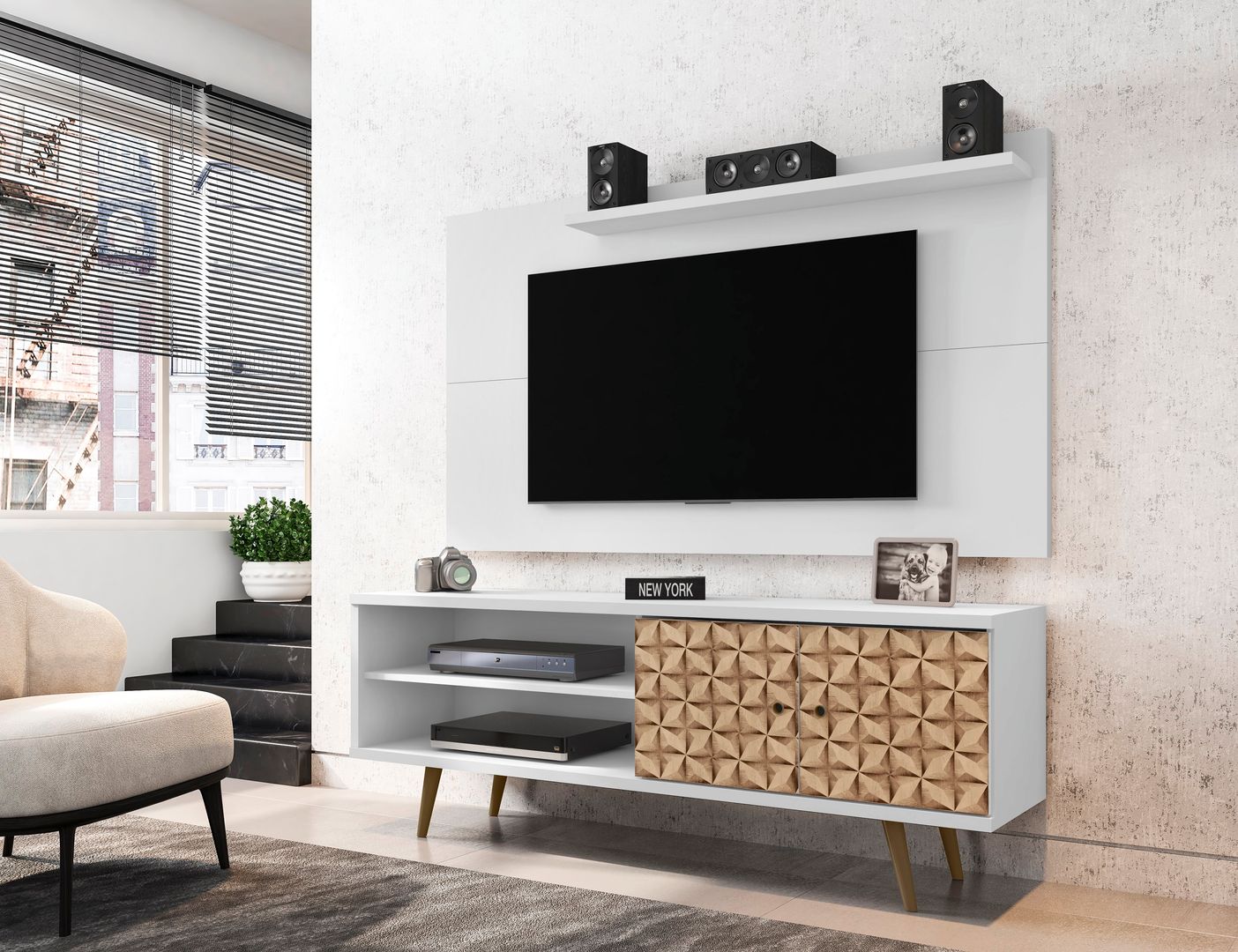 Manhattan Comfort Liberty 62.99 Mid-Century Modern TV Stand and Panel with Solid Wood Legs in White and 3D Brown Prints