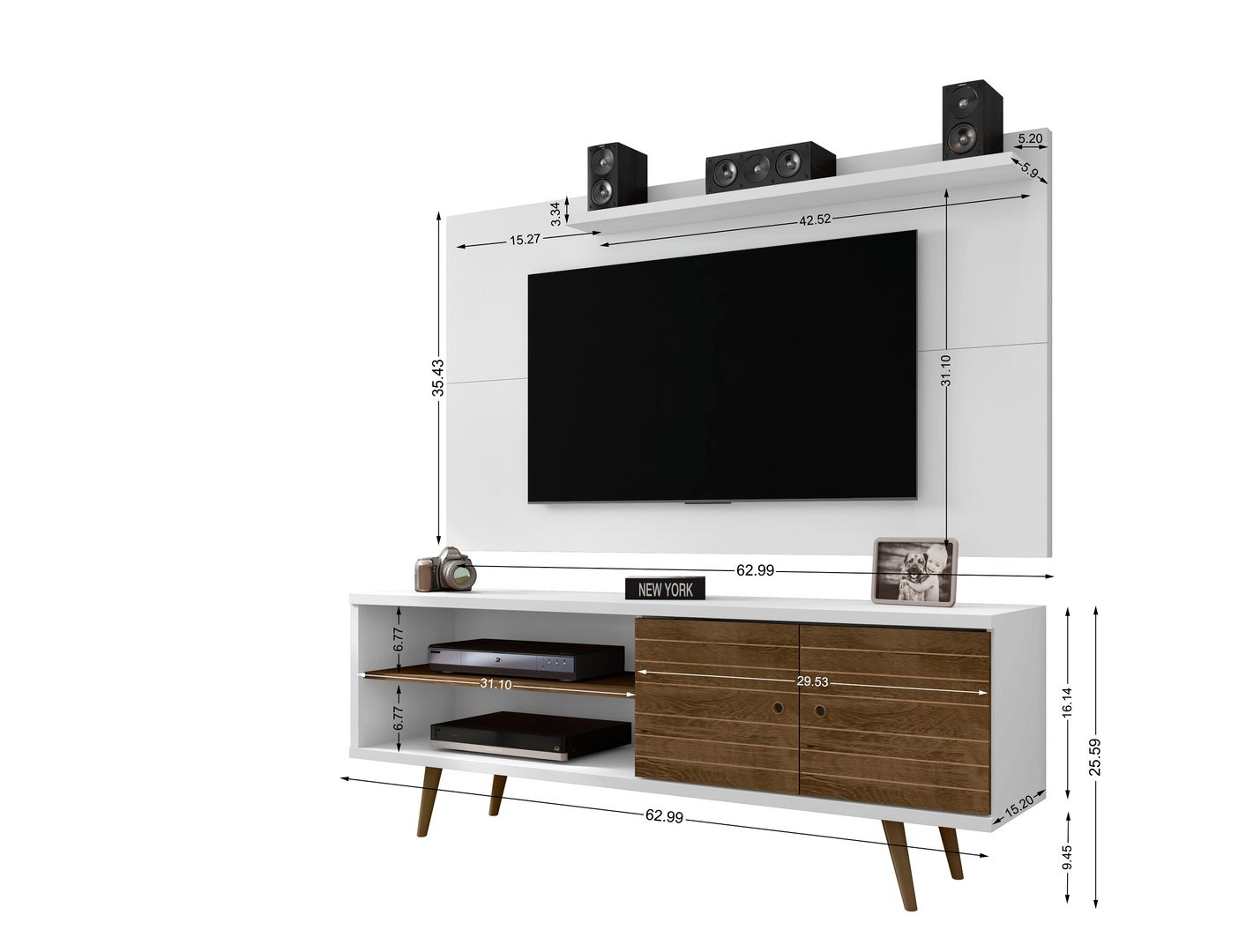 Manhattan Comfort Liberty 62.99 Mid-Century Modern TV Stand and Panel with Solid Wood Legs in White and Rustic Brown